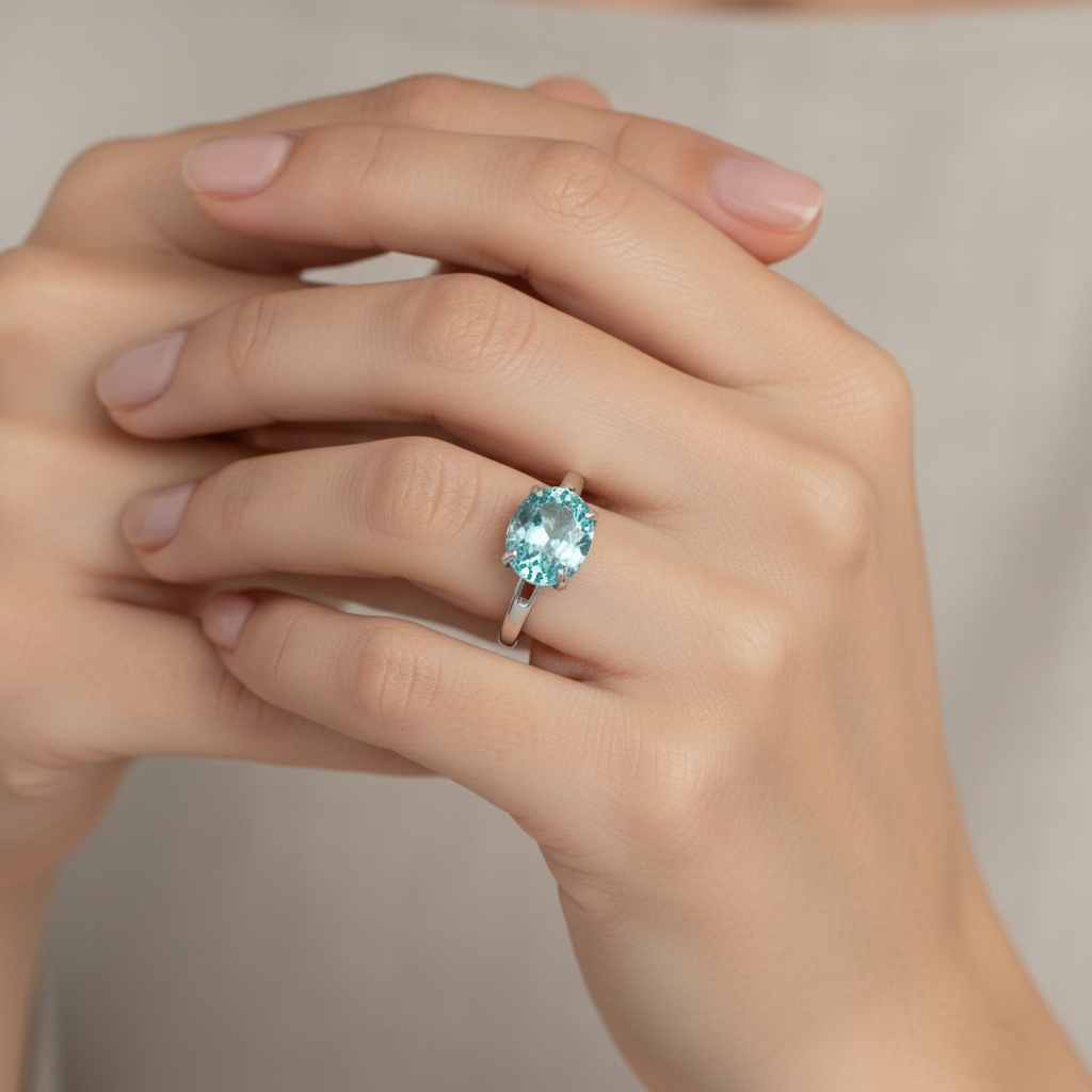 A close-up of a person's hands wearing a silver ring with a round-cut light blue gemstone, set against a soft beige background. An Ai projection of the ring on a person