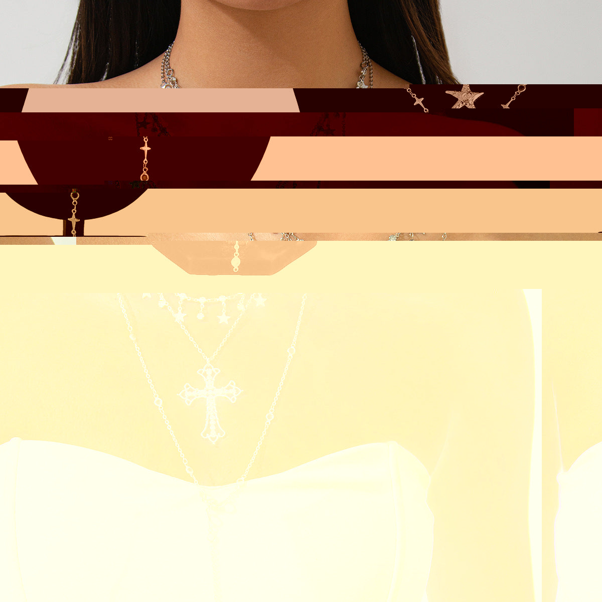 Vintage Cross Stackable Necklace Set | Choker, Lariat & Chain | Gold & Silver | English Rose
