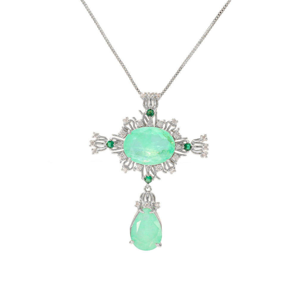Platinum-tone + light green (necklace) — Vintage palace-style cross necklace in gold tone with light green detail, English Rose
