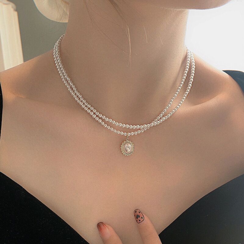 Vintage Double Layer Faux Pearl Necklace with Oval Pendant for Women
