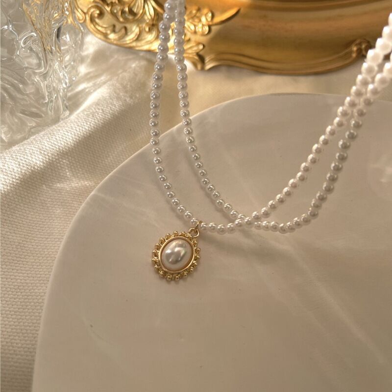 Vintage Double Layer Faux Pearl Necklace with Oval Pendant for Women