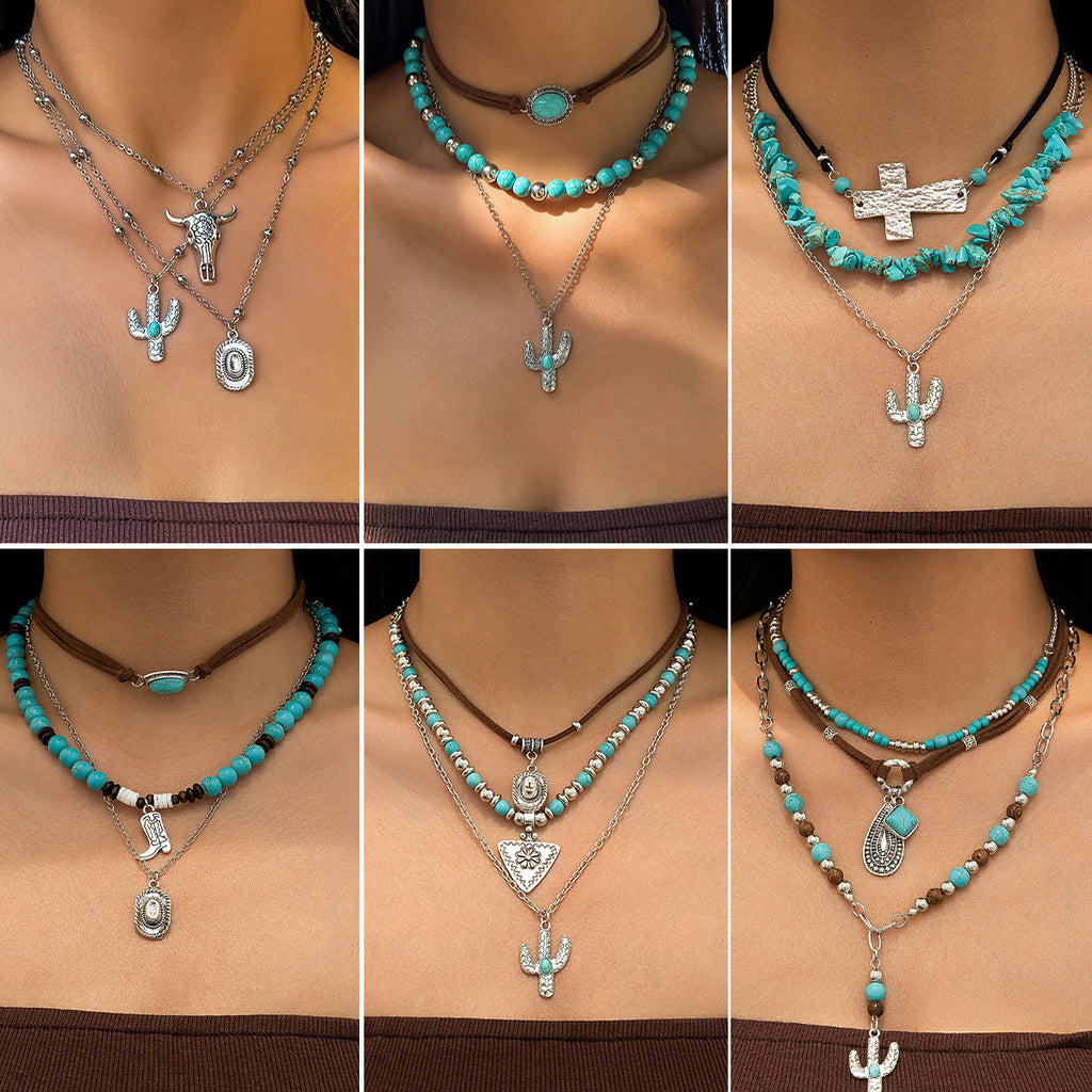 An image to show the different styles and variants of the Turquoise style and silver-toned necklaces