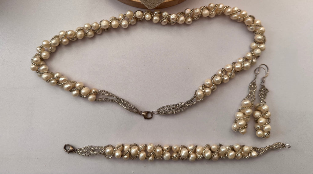 Vintage Real Pearl Jewellery Set | Twisted Necklace, Bracelet & Earrings | Sterling Silver | English Rose