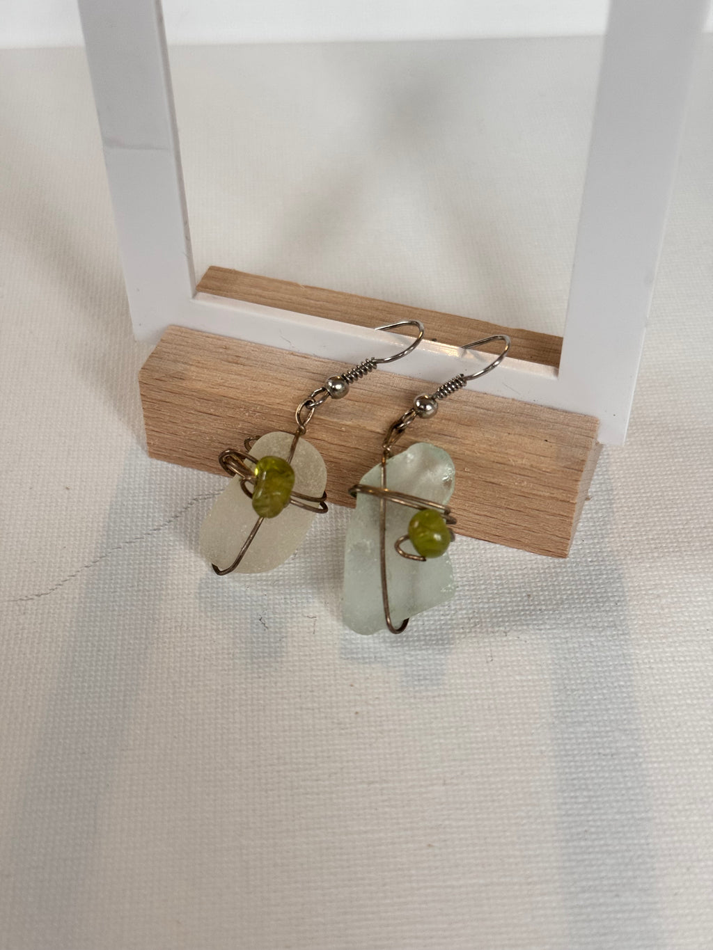 Sea Glass & Green Stone Wire-Wrapped Drop Earrings