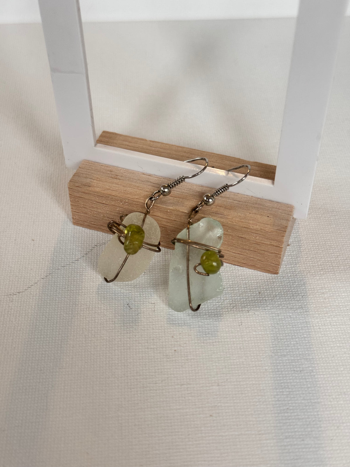 Sea Glass & Green Stone Wire-Wrapped Drop Earrings