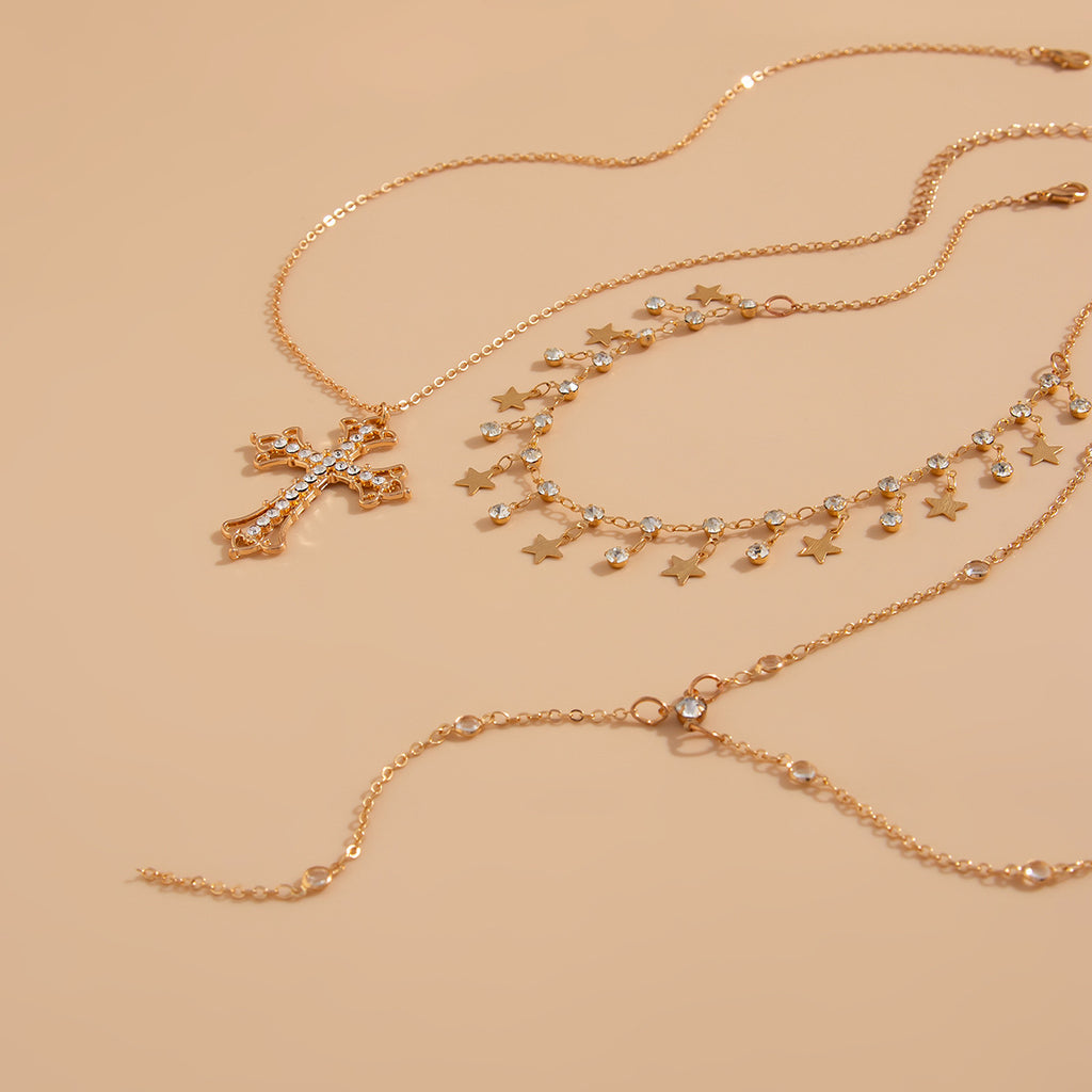 Vintage Cross Stackable Necklace Set | Choker, Lariat & Chain | Gold & Silver | English Rose
