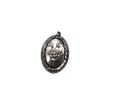 An oval sterling silver soon pendant featuring an embossed rose motif in the centre, set against a plain white background.
