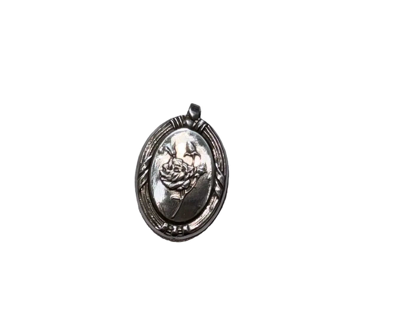 An oval sterling silver soon pendant featuring an embossed rose motif in the centre, set against a plain white background.