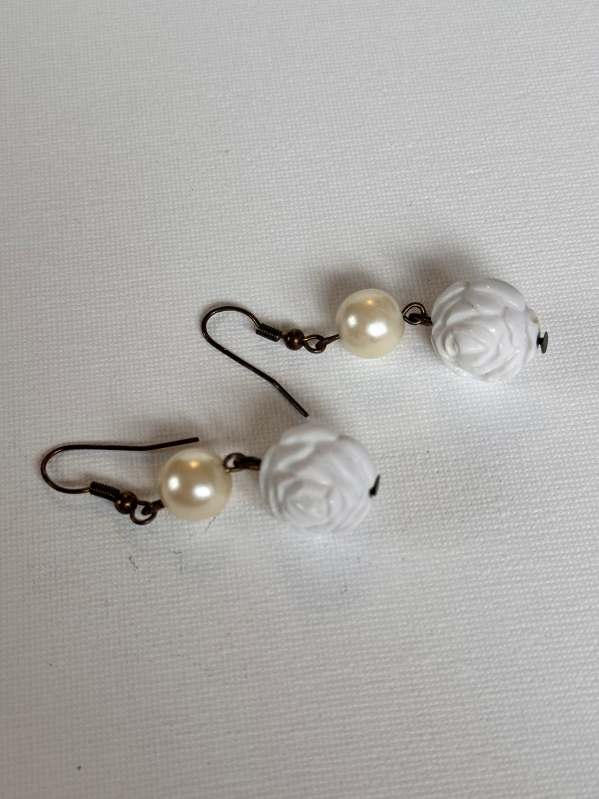 Vintage Faux Pearl & White Rose Drop Earrings