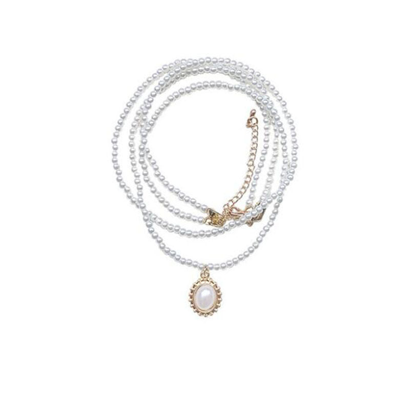 Vintage Double Layer Faux Pearl Necklace with Oval Pendant for Women
