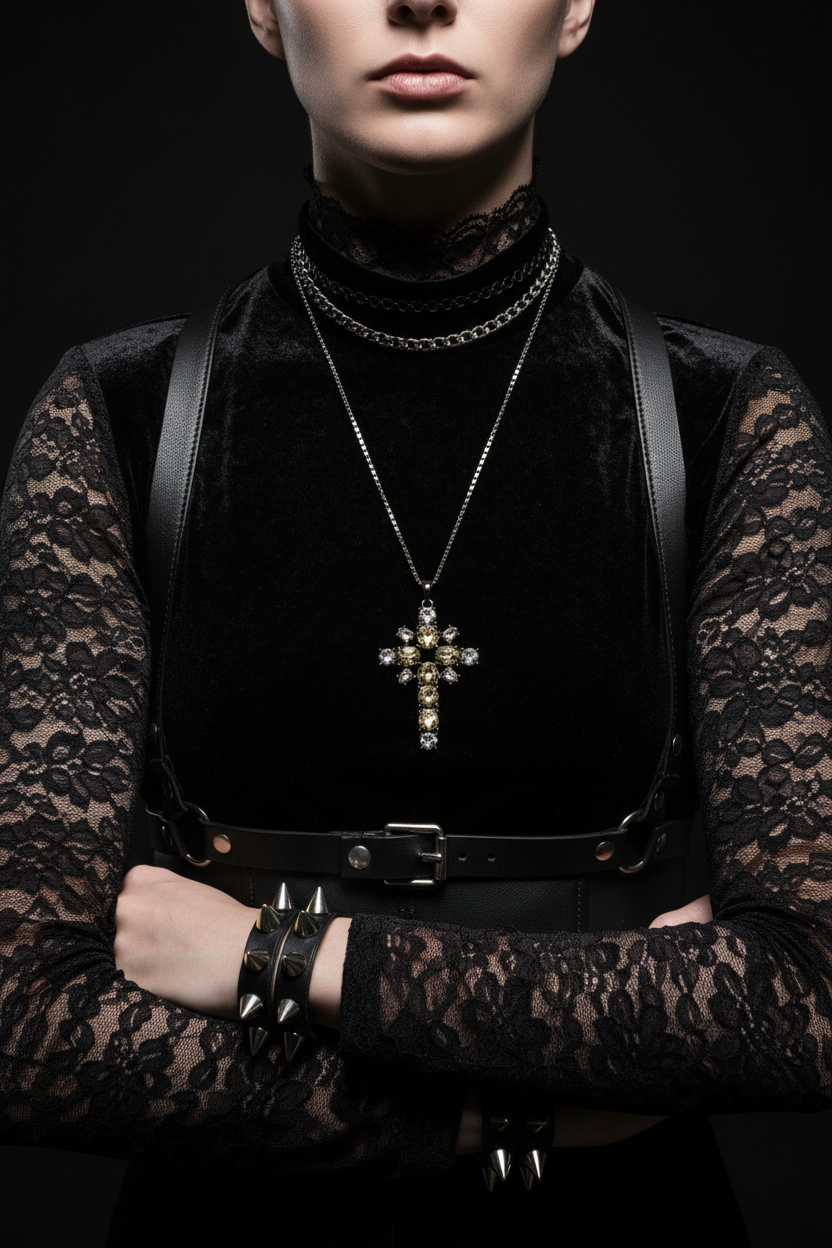 Black Gothic Cross Pendant Necklace | Long Chain | Statement Jewellery