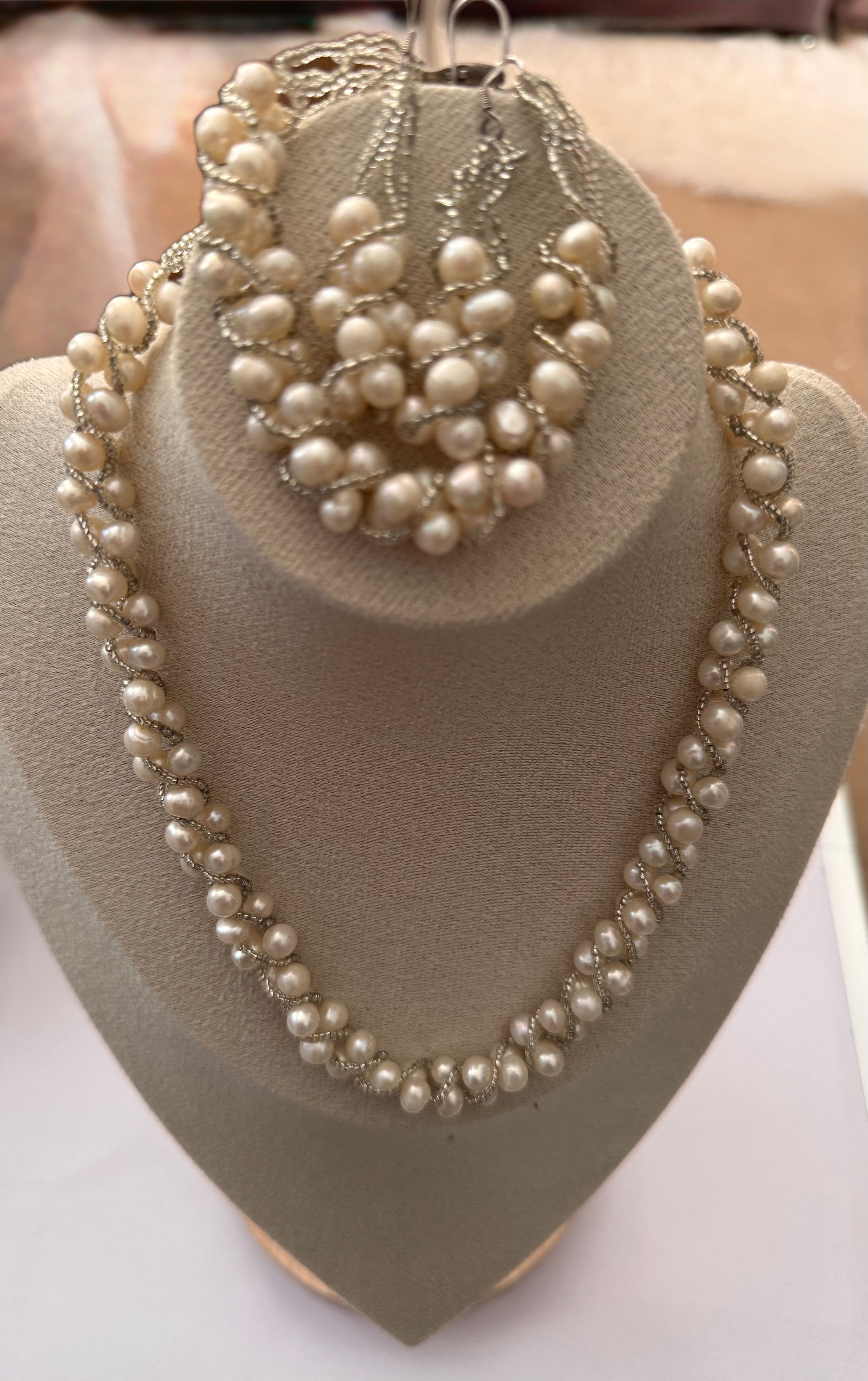 Vintage Real Pearl Jewellery Set | Twisted Necklace, Bracelet & Earrings | Sterling Silver | English Rose