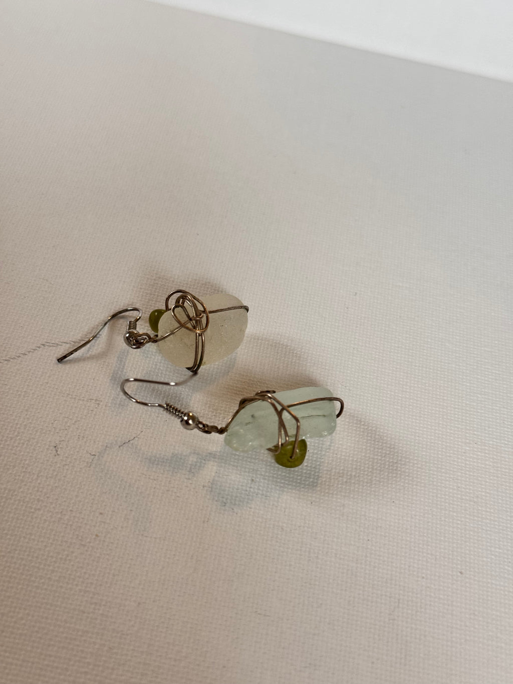 Sea Glass & Green Stone Wire-Wrapped Drop Earrings