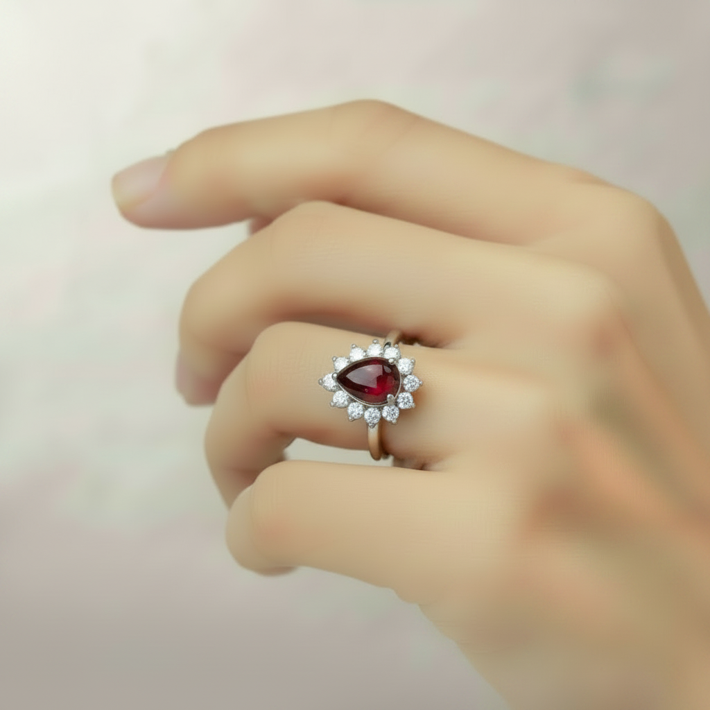 Pear shaped Halo Ring in Sterling Silver P1/2. Hallmarked. |English Rose