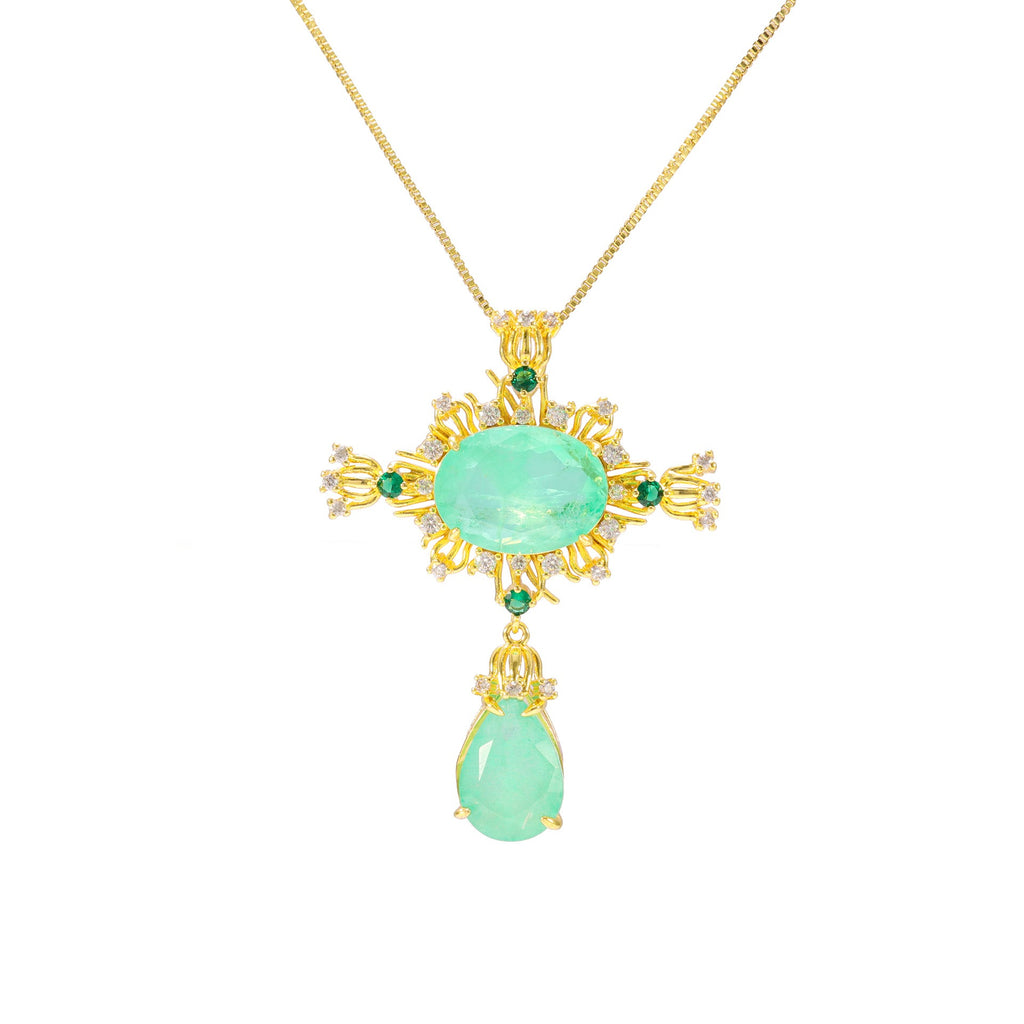 Gold-tone + light green (necklace) — Vintage palace-style cross necklace in gold tone with light green detail, English Rose
