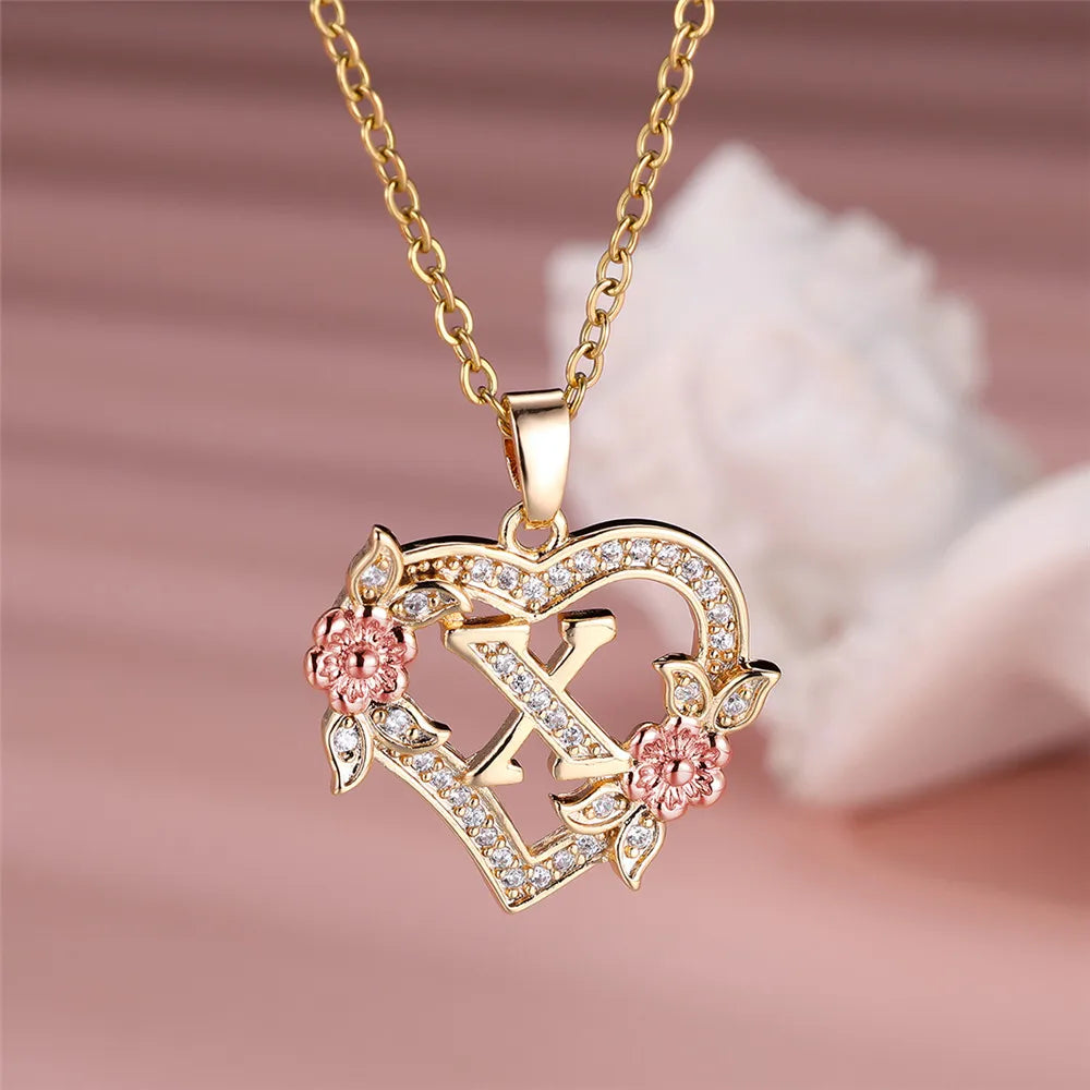 Initial Letter Heart Pendant Necklace | Crystal Floral Gold Tone | A-Z Gift for Women