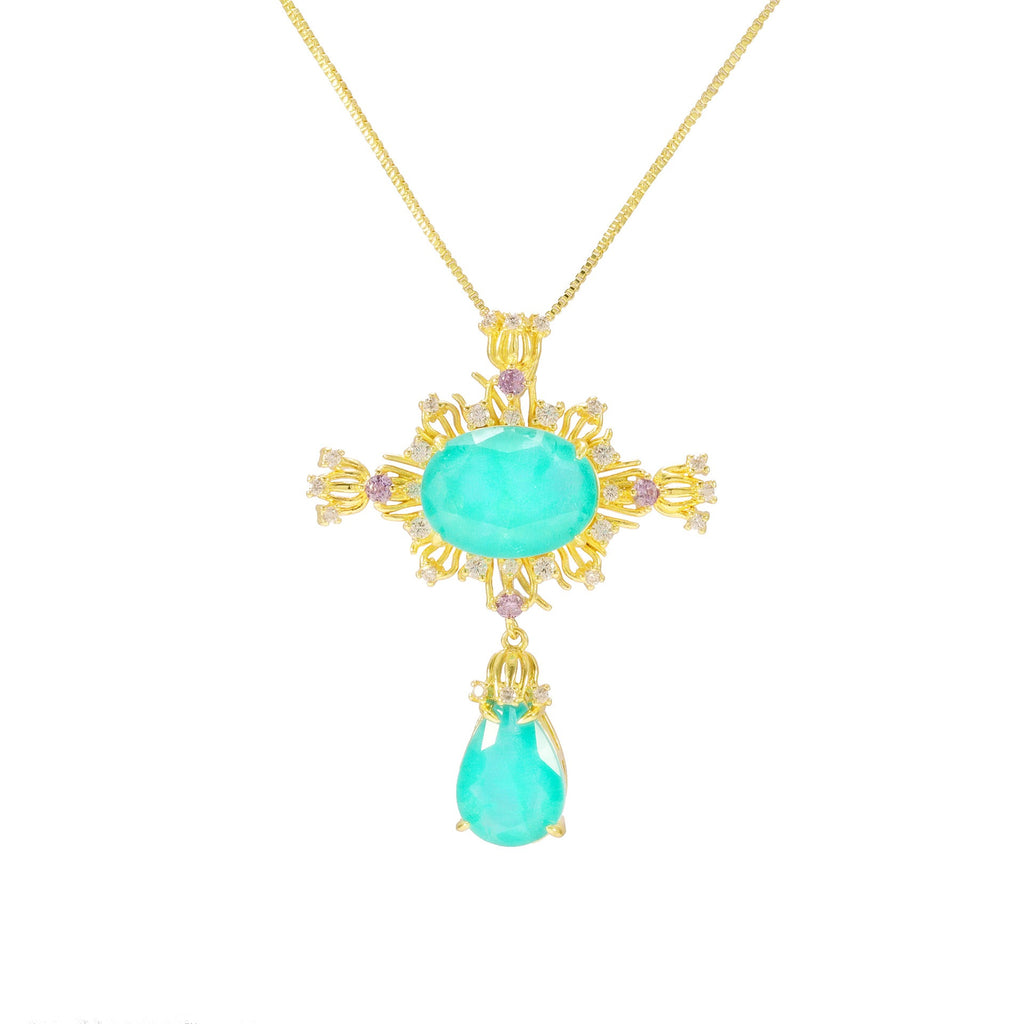 Gold-tone + light green (necklace) — Vintage palace-style cross necklace in gold tone with light green detail, English Rose
