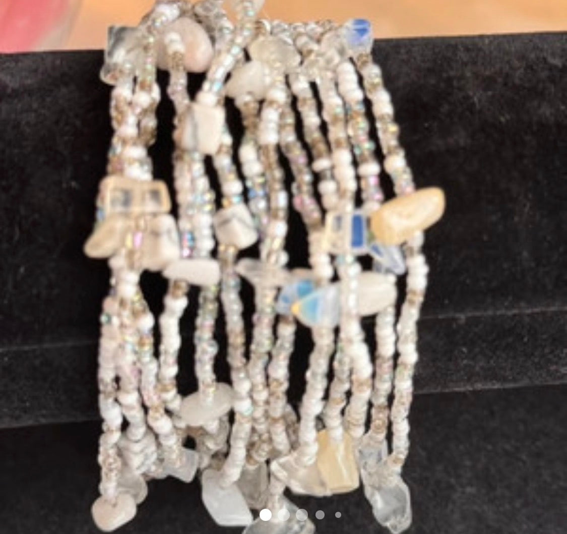Handmade bracelet multi layered Cream & white stones & beads