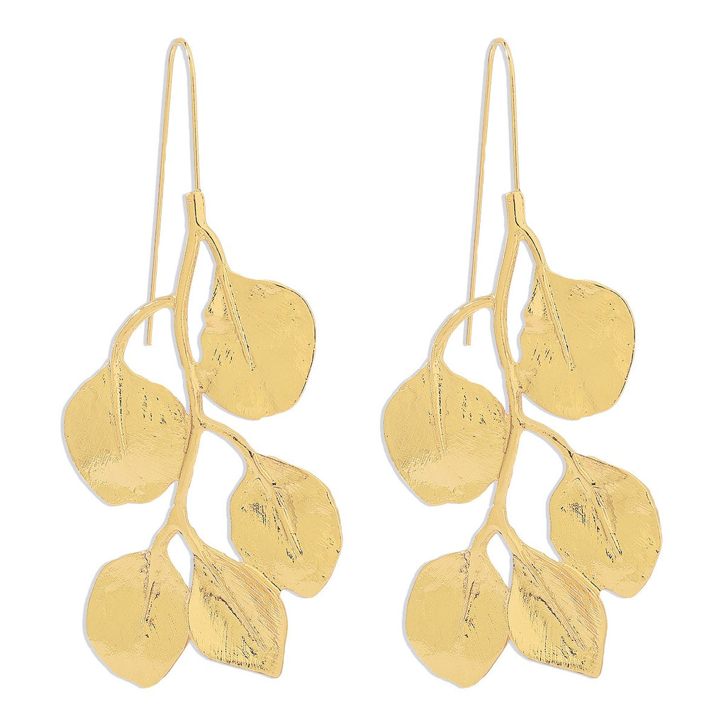 Golden Leafy style Earrings with a long hook closure on a white background