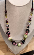  hand painted bead necklace with silver toned clasp in black red pale green and pink color s or Jewellery bust