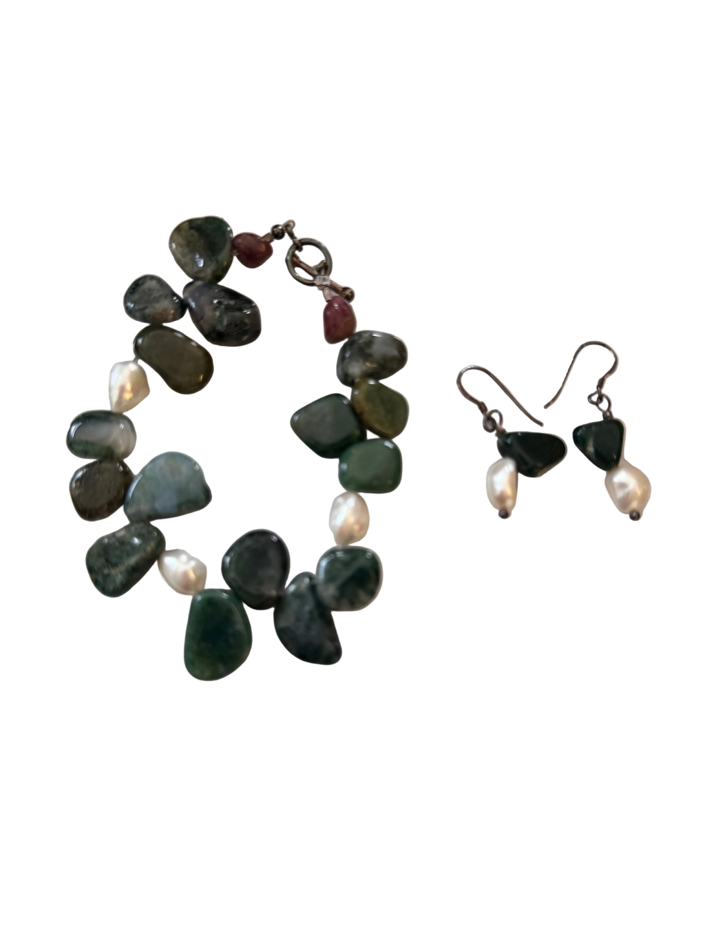 A matching jewelry set featuring a beaded bracelet and drop earrings. The necklace consists of dark green, gray, and small white pearl beads with a small red accent bead near the clasp.