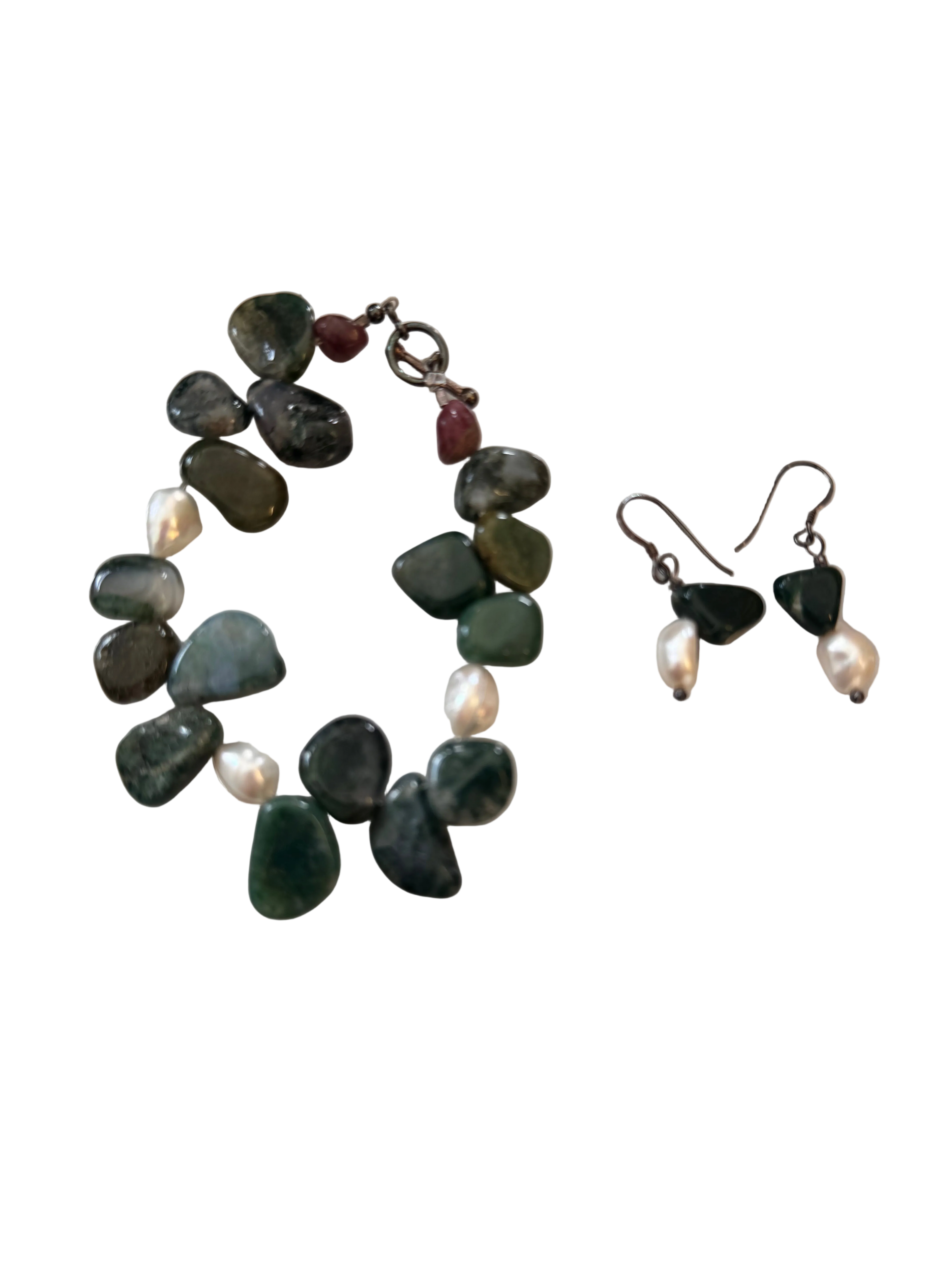 A matching jewelry set featuring a beaded bracelet and drop earrings. The necklace consists of dark green, gray, and small white pearl beads with a small red accent bead near the clasp.