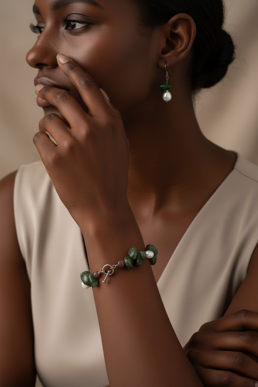 A close-up lifestyle shot of a woman wearing a green moss agate and white pearl beaded bracelet and matching drop earrings against a warm beige background.