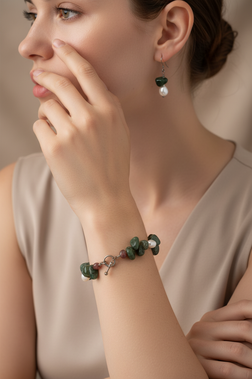 A woman wearing a moss agate and pearl beaded bracelet and matching green teardrop dangle earrings with white pearl drops, styled in a warm neutral setting.