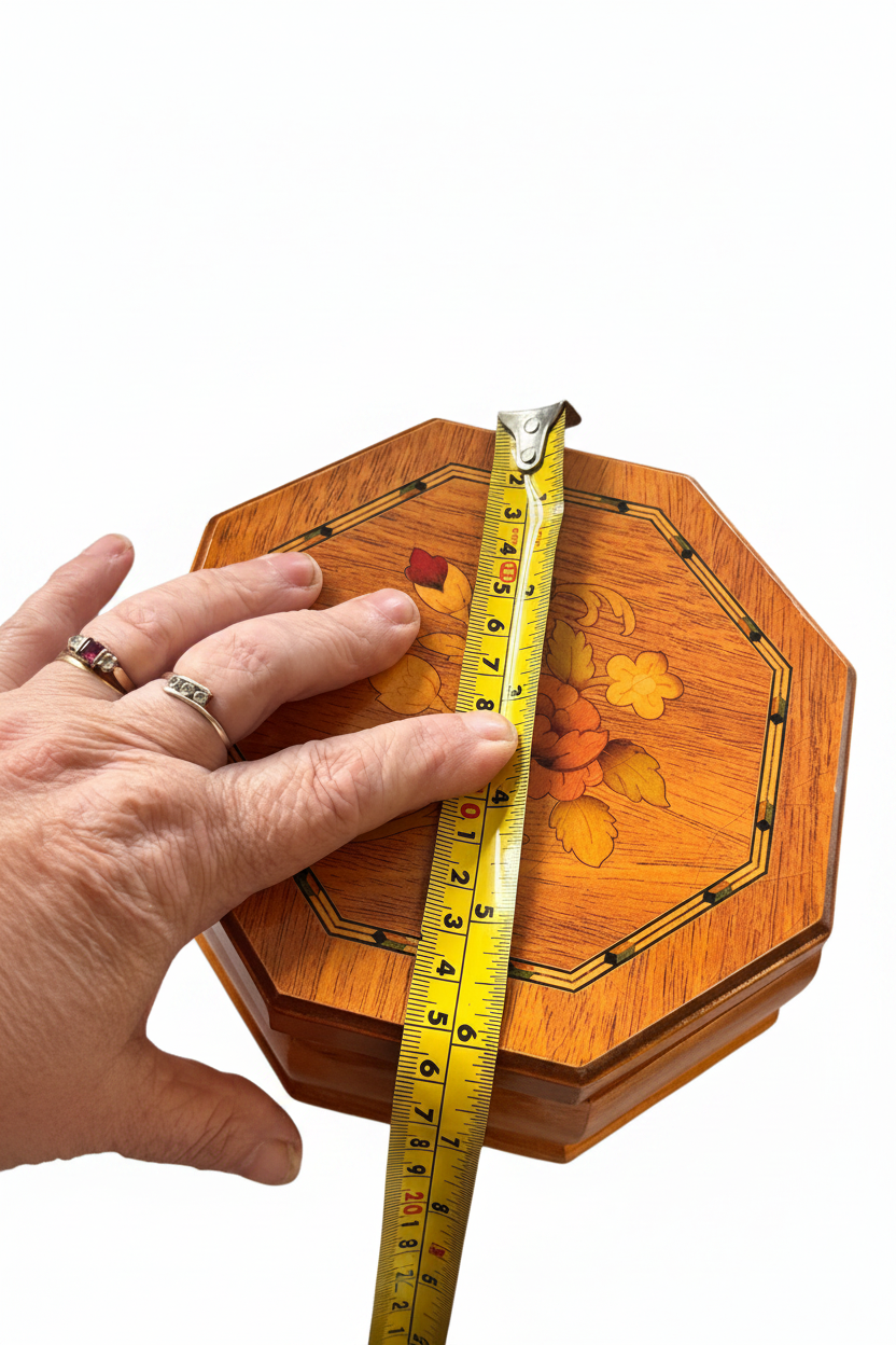 An octagonal wooden jewellery box with floral inlay on the lid, shown with a yellow tape measure and a hand holding it down for scale against a white background. 6 x 6 inches