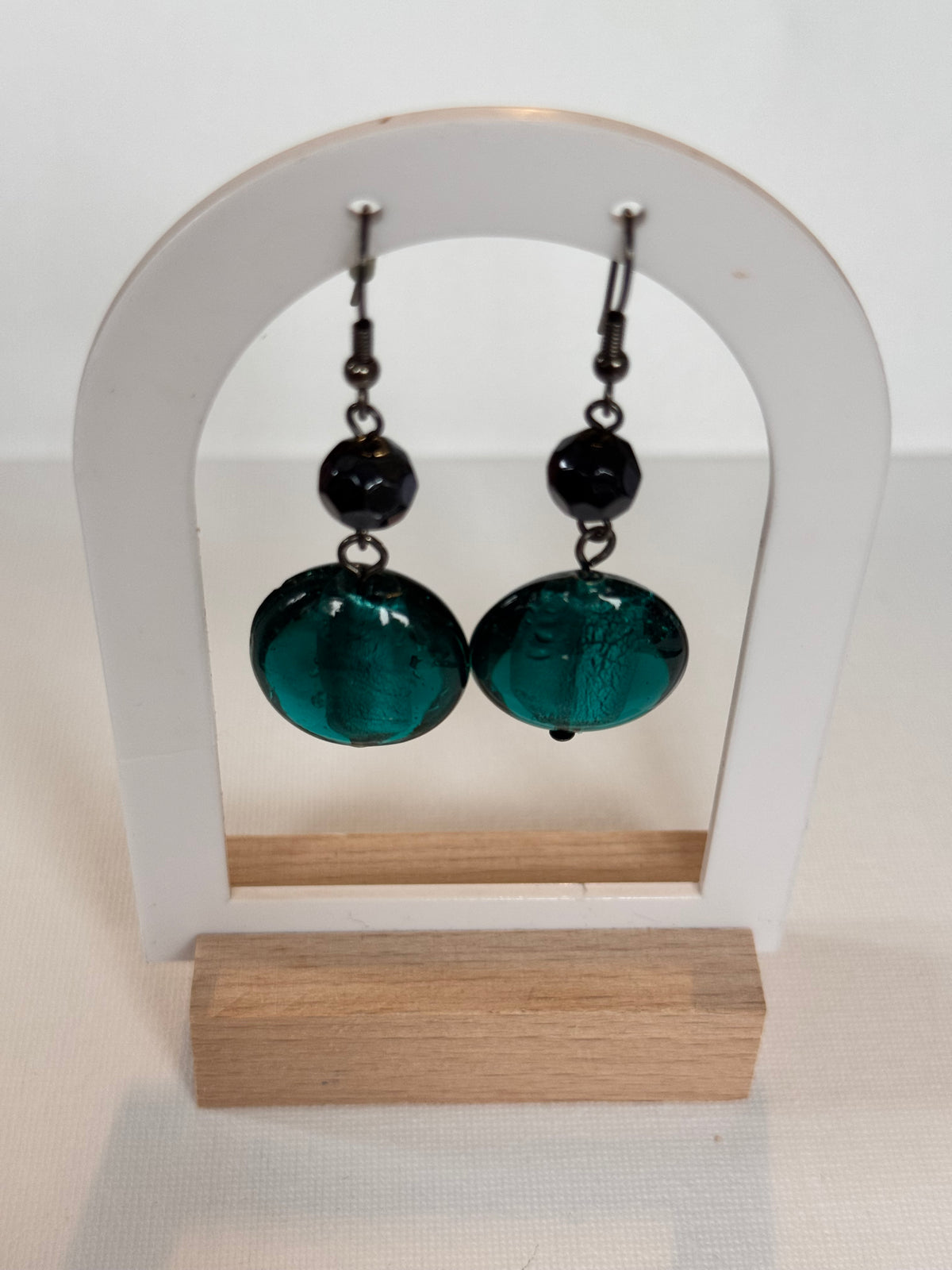 Teal Glass Bead Drop Earrings with Black Bead Detail