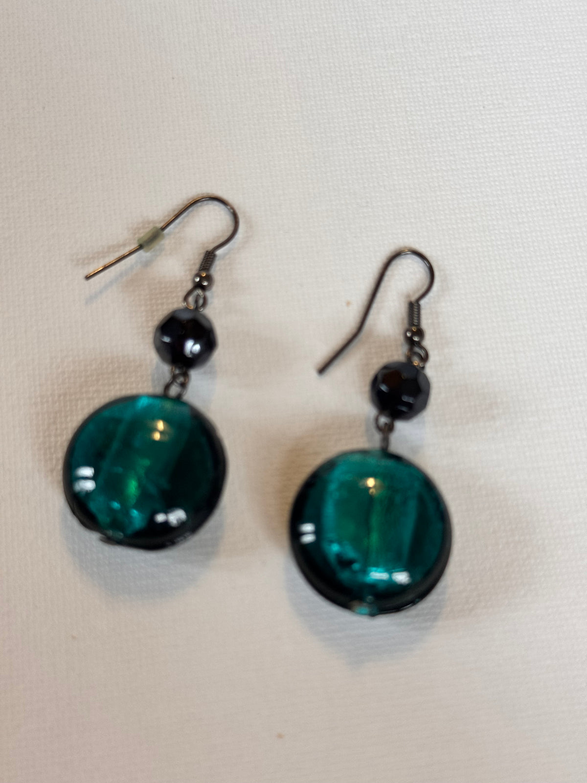 Teal Glass Bead Drop Earrings with Black Bead Detail