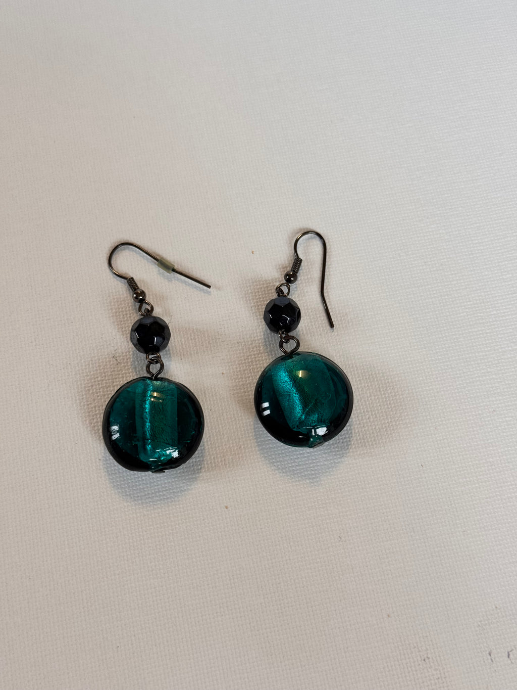 Teal Glass Bead Drop Earrings with Black Bead Detail
