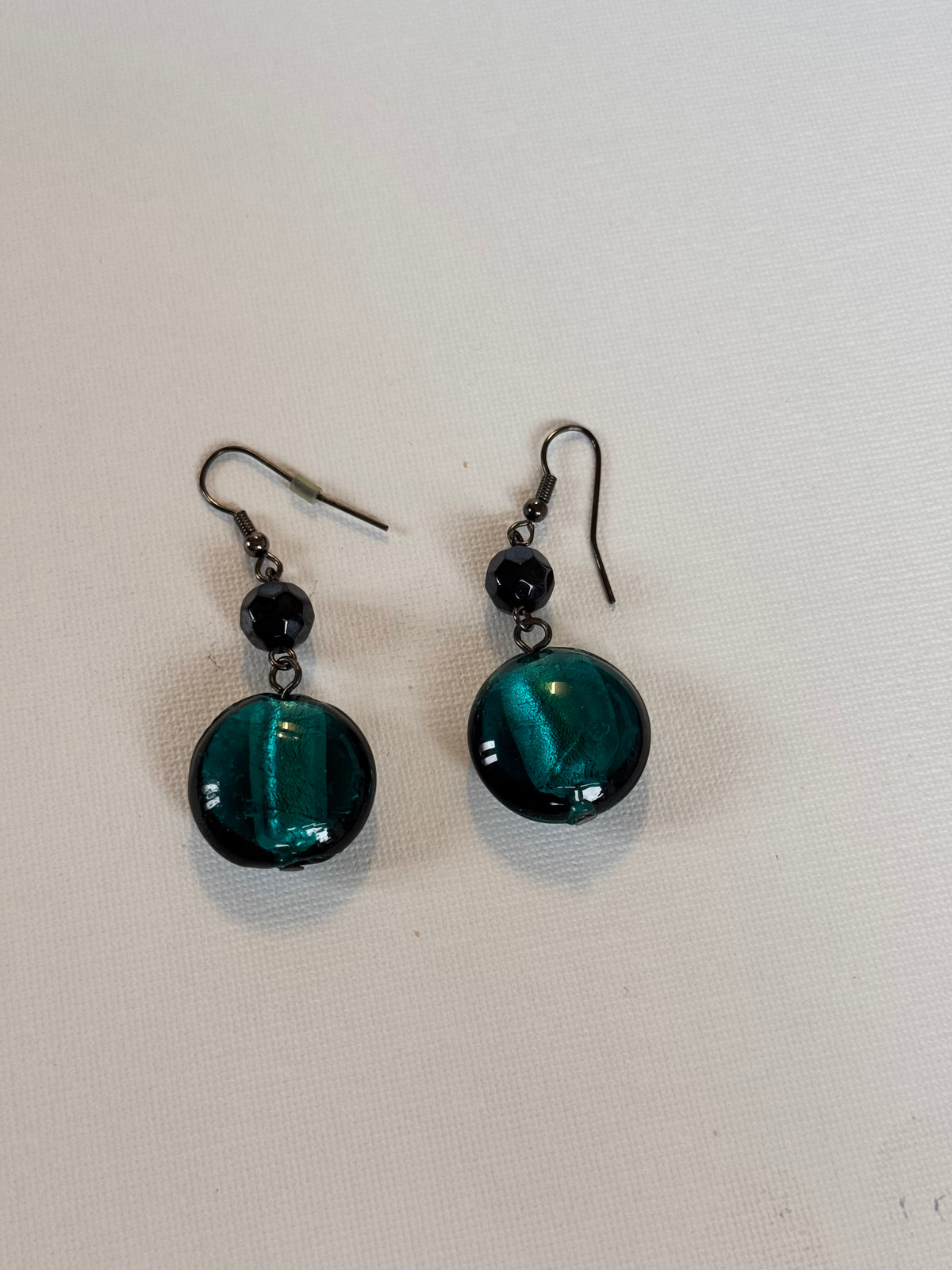 Teal Glass Bead Drop Earrings with Black Bead Detail