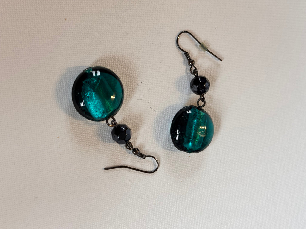 Teal Glass Bead Drop Earrings with Black Bead Detail
