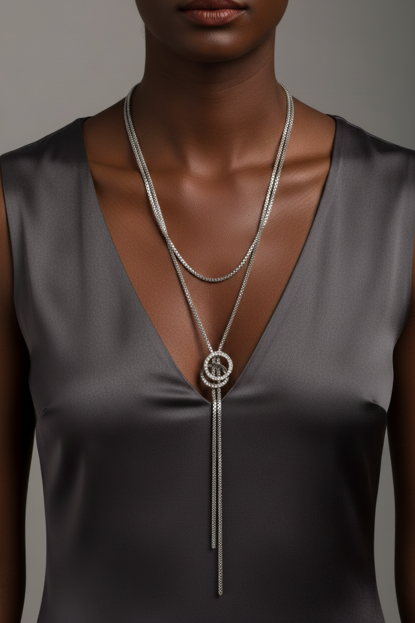 Vintage necklace long Y lariat style with Rhinestones / crystals