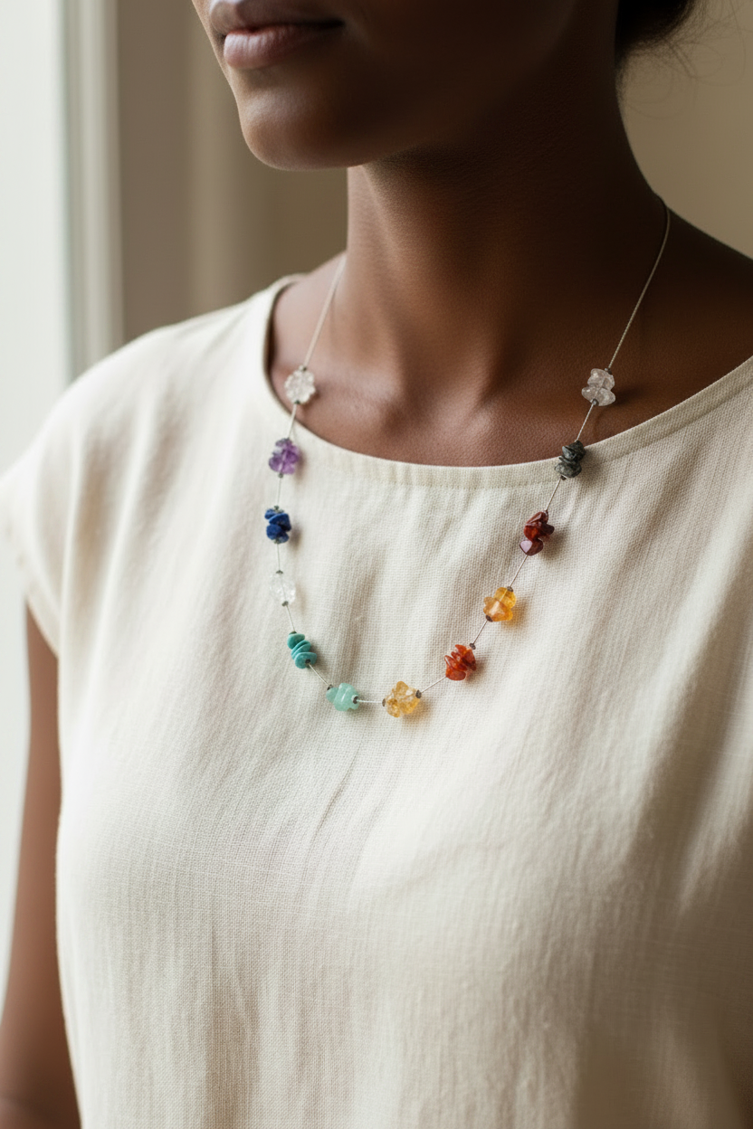 Vintage Invisible Chain Necklace | Natural Semiprecious Stones | English Rose