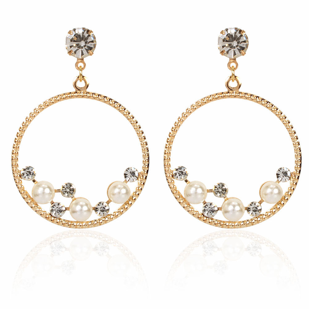 Golden Drop hoops with a stud closure for pierced ears.  A decorative hoop wire with a Clear rhinestone stud at the top and the hoops decorated with faux pearls and clear stones on a white background