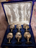 The six Judaica Cups in their original Box with Blue velvet and white satin interior