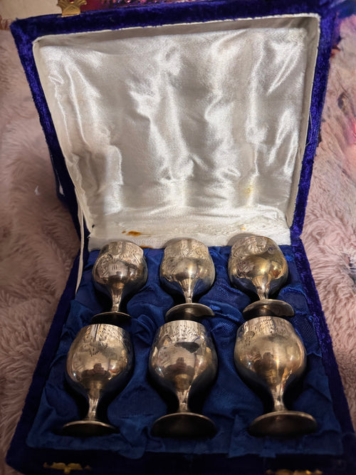 The six Judaica Cups in their original Box with Blue velvet and white satin interior