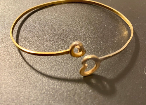 Handmade 24ct gold plated open cuff bangle with coin knot terminals, two-tone artisan finish
